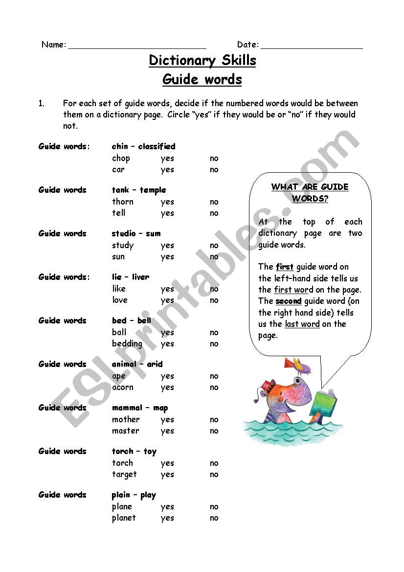 English worksheets: Guide words - Dictionary Skills