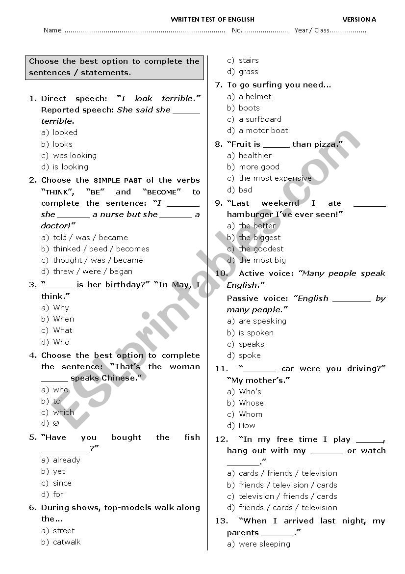 English Worksheets Test 8th grade Multiple choice 