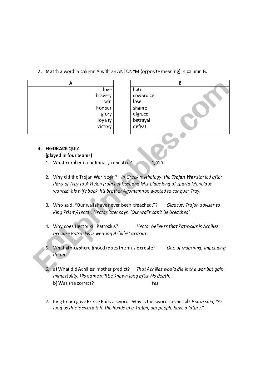 worksheet Troy Movie Worksheet english worksheets troy movie lesson memo answer key