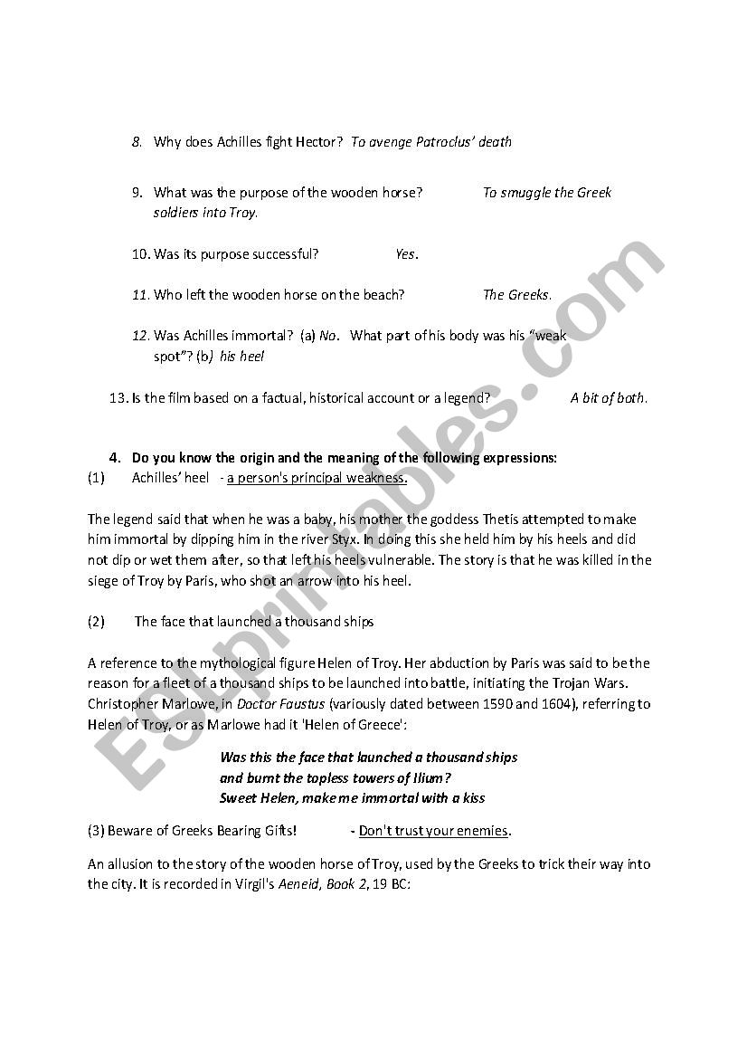 worksheet Troy Movie Worksheet english worksheets troy movie lesson memo answer key