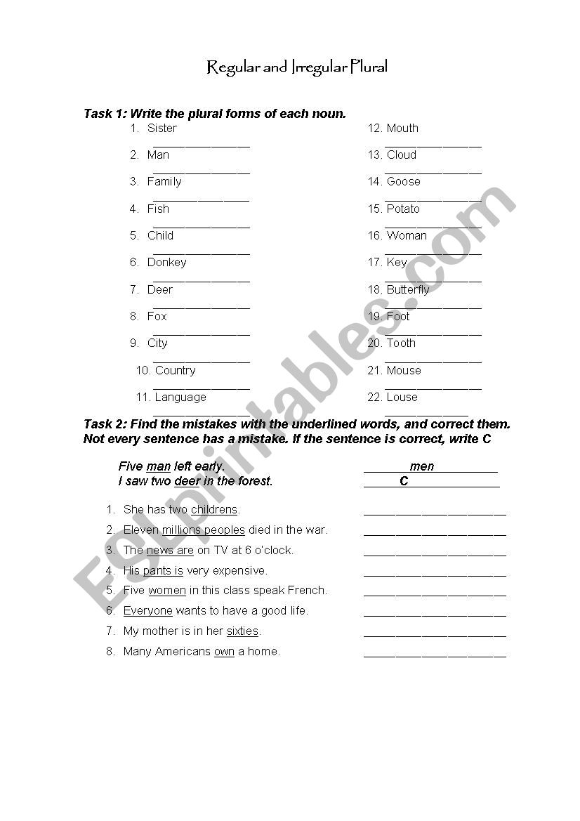 Irregular Plural Nouns Worksheet Irregular Plurals English Esl 15128
