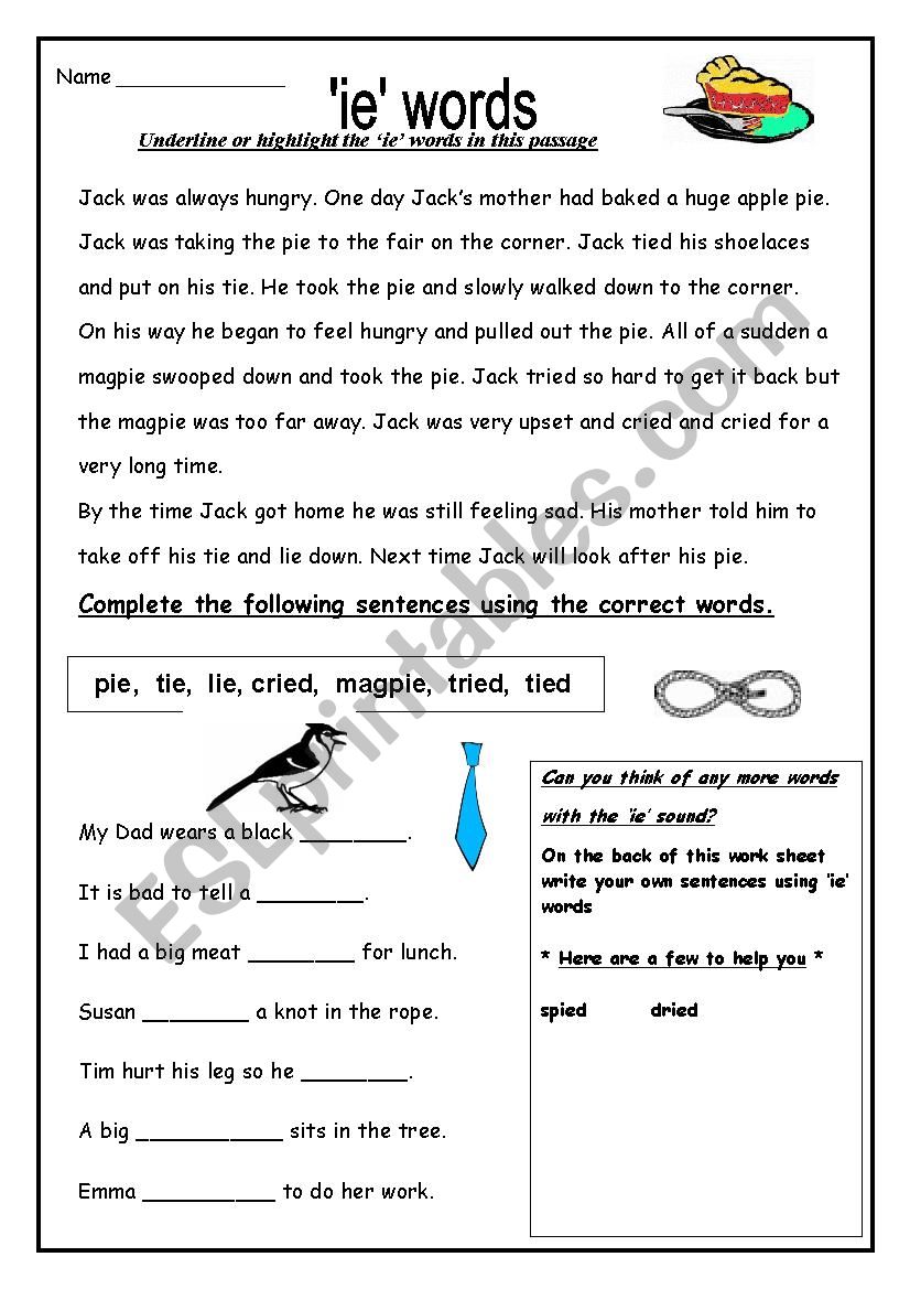 English worksheets ie as in pie