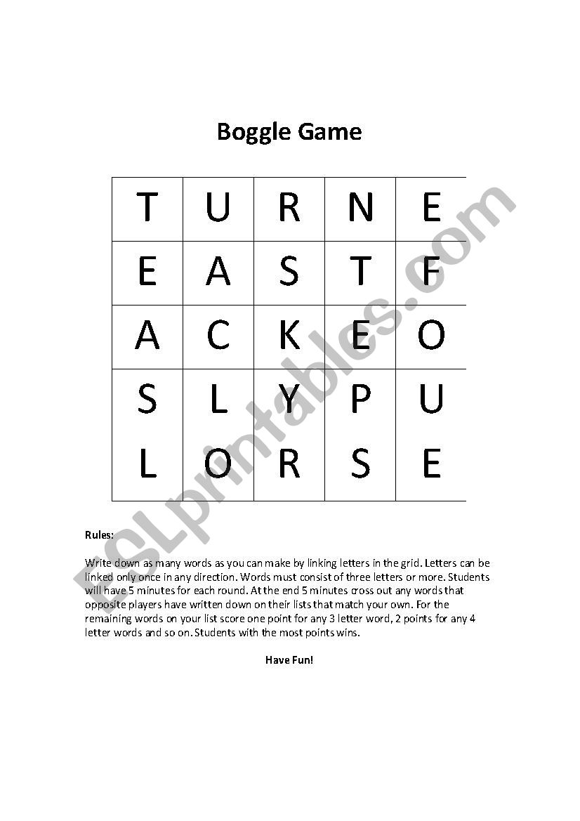 English Worksheets Boggle Style Game