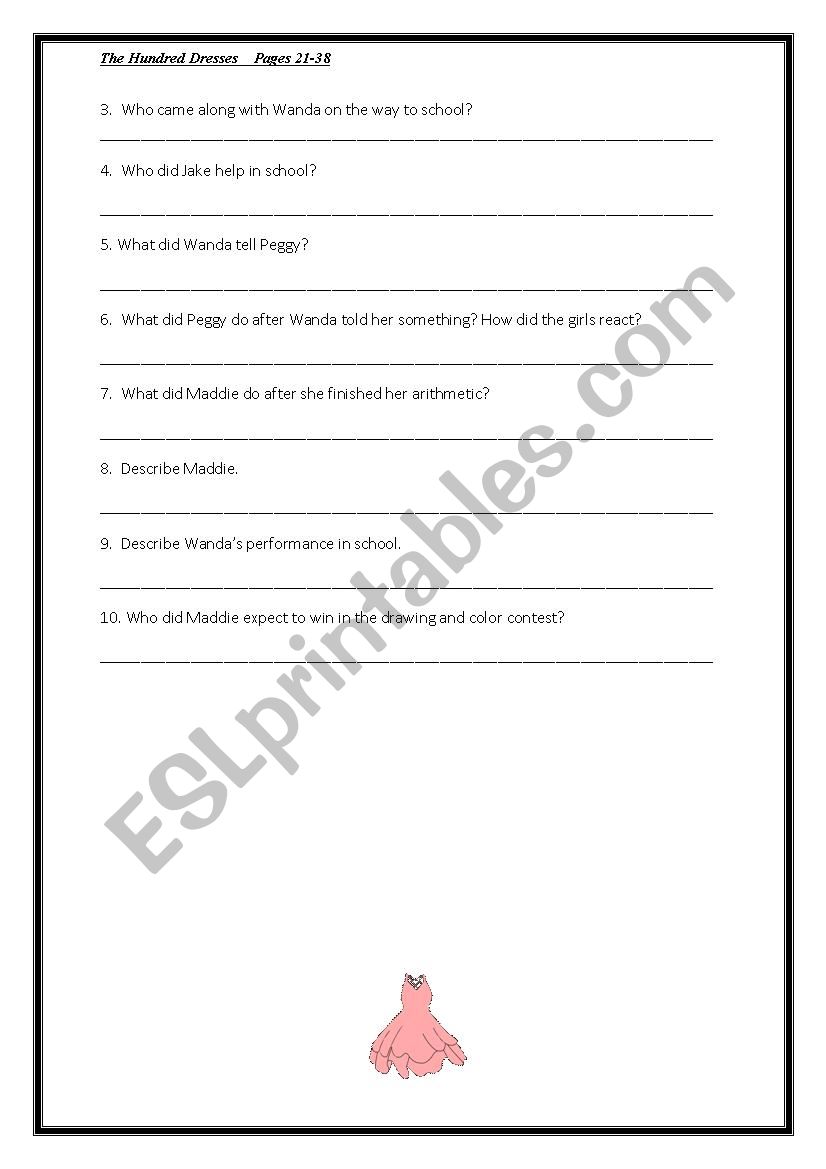 worksheet The Hundred Dresses Worksheets english worksheets the hundred dresses chapter 3 4