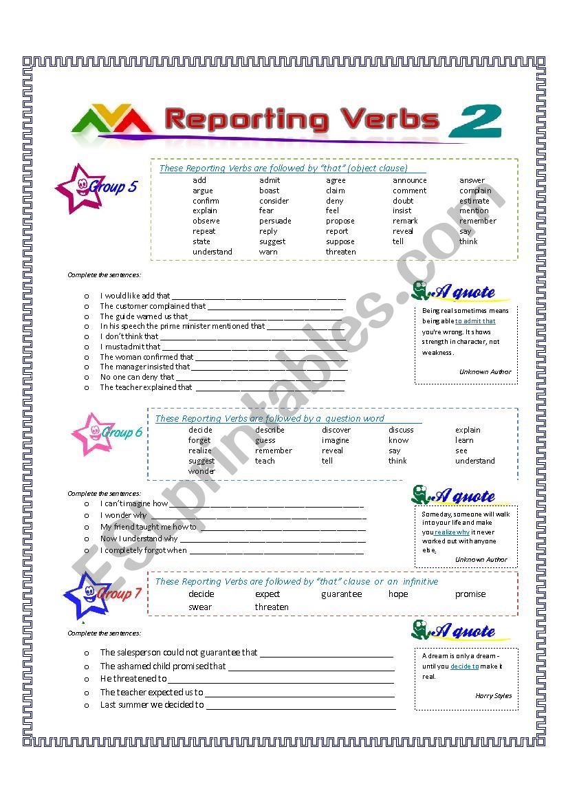 English Worksheets Reporting Verbs Part 2