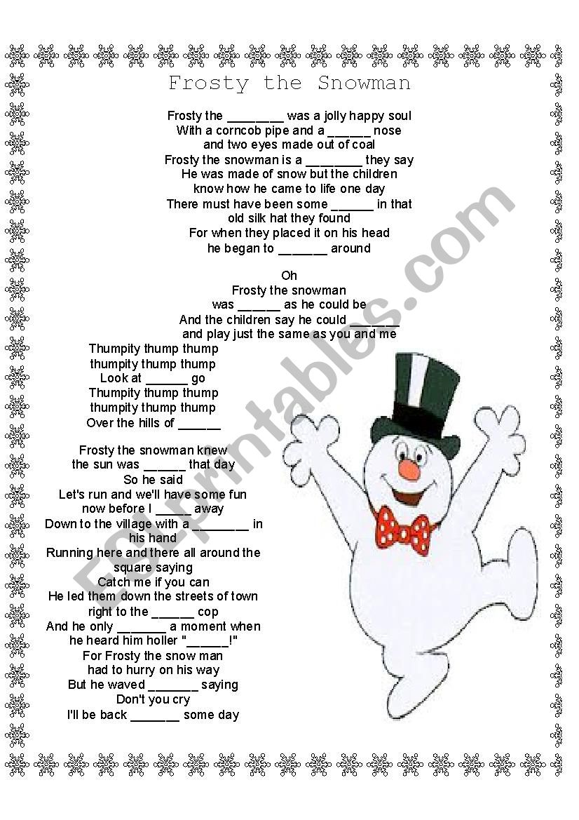English worksheets frosty the snowman fill in the blanks lyrics