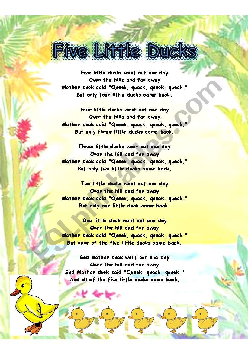 English worksheets FIVE LITTLE DUCKS PART 1 SONG LYRICS AND