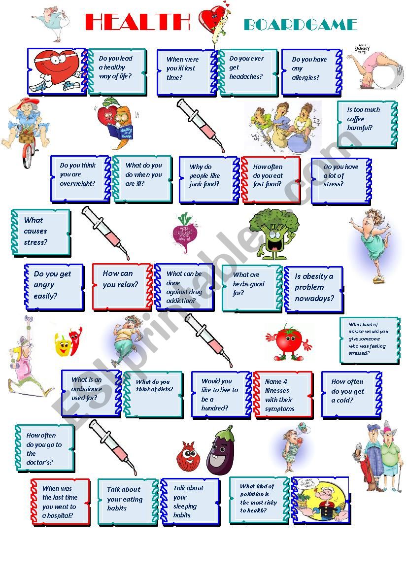 English Worksheets Health Boardgame