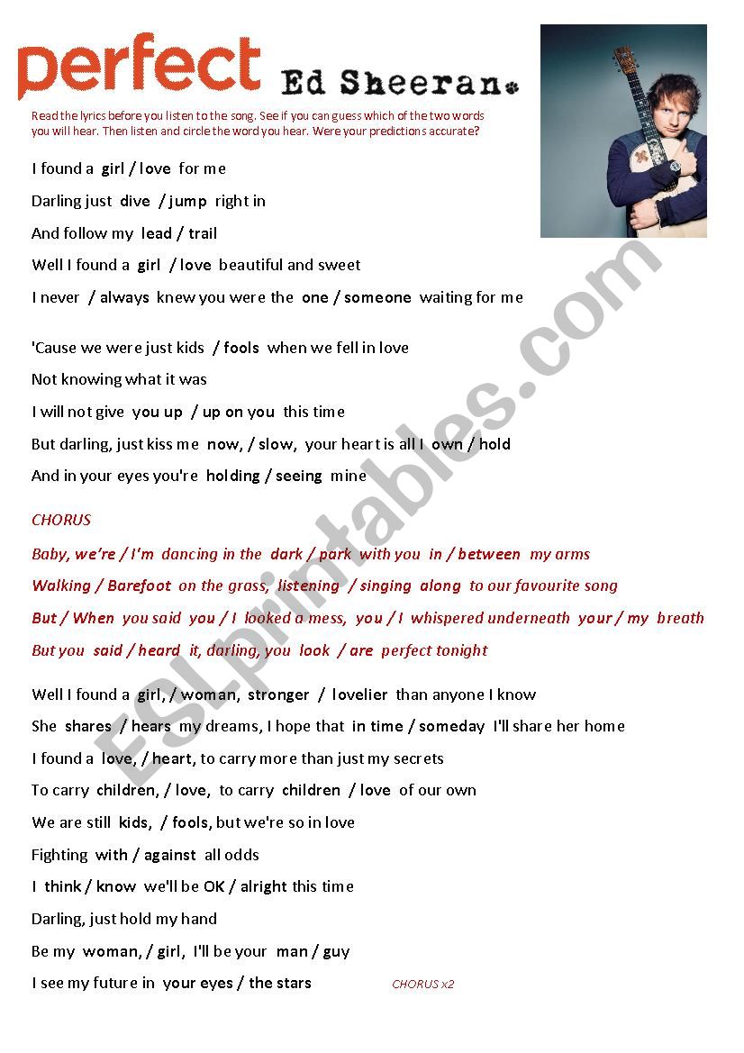 English worksheets: ´Perfect´ by Ed Sheeran SONG