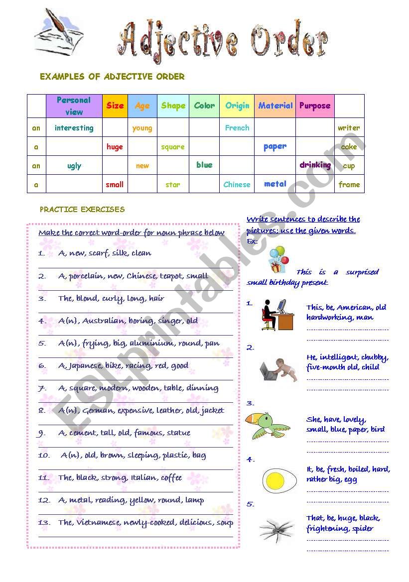 Adjective Word Order Worksheet