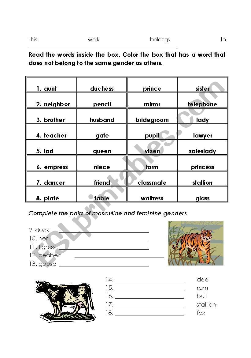 Common And Neuter Gender Nouns Worksheets