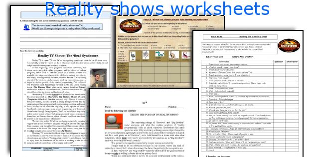 Reality shows worksheets