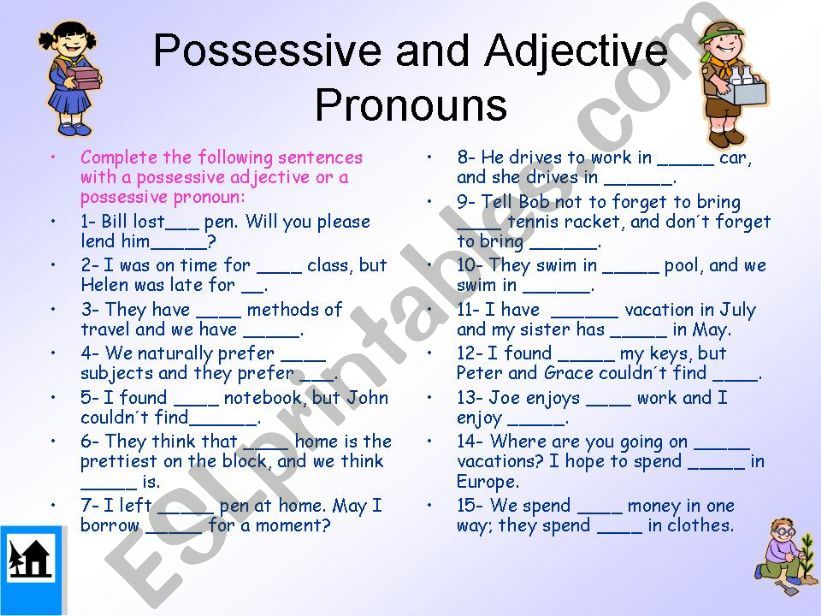 Adjectives 5 класс. Английский язык 5 класс possessive adjectives. Possessive adjectives упражнения. Задания на тему притяжательные местоимения. Местоимения в английском языке упражнения.