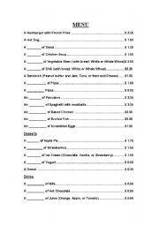 English Worksheet: Restaurant Menu - Great Dialogue Starter!