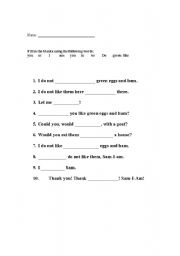 English worksheet: Green Eggs and Ham CLOZE exercise