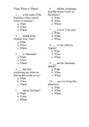 English Worksheet: what when where