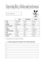 English Worksheet: Expressing likes, dislikes and preferences