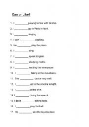 English worksheet: Can or Like.