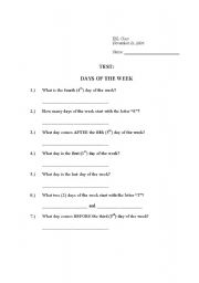 English Worksheet: TEST - Days of the Week