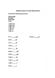 English Worksheet: Systems of Liquid Measurement