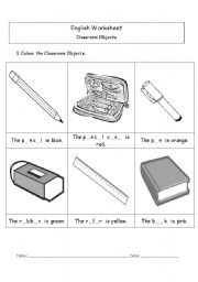 English Worksheet: Classroom Objects Colouring