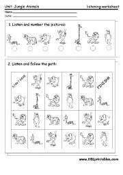 English Worksheet: Jungle animals: listening worksheet