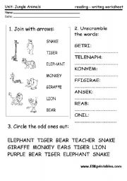 English Worksheet: Jungle animals: reading-writing worksheet