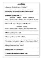English Worksheet: about you