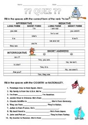 English Worksheet: Verb to be Quiz and Nationalities