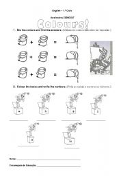 English Worksheet: Mix the colours and count