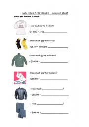 English Worksheet: Clothes Items and prices (in pounds!)