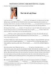 English Worksheet: Princess Diana Gap Fill for Time Prepositions