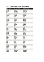 English Worksheet: List of irregular verbs (elementary)