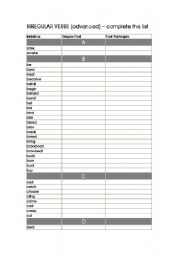 English Worksheet: Irregular verbs exercise - complete the list (advanced)