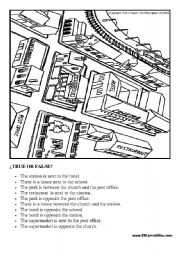 Prepositions in the city: true or false worksheet