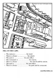 English Worksheet: Prepositions in the city: fill in the gaps