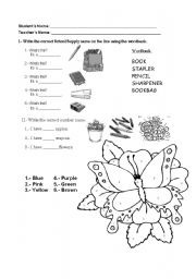 English Worksheet: school items, colors