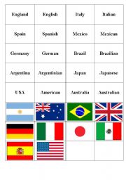 Countries, Nationalities and Flags Memory Game