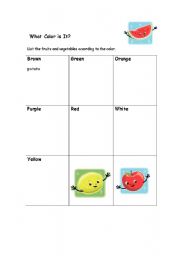 English Worksheet: What Color is the Fruit or Veggie?