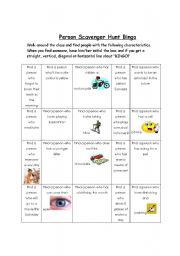 English Worksheet: Person Scavenger Hunt BINGO