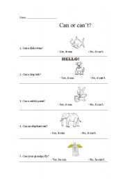 English Worksheet: Can and Cant for Ability