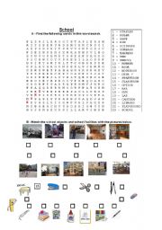 English Worksheet: School word search with pictures