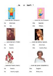 English Worksheet: is or isnt ? (famous people and characters)