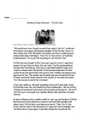 English Worksheet: Fall Out Boy - Reading Comprehension