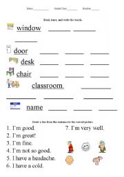English Worksheet: Classroom Items and Greetings