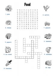 English Worksheet: Food Wordsoup and Crossword