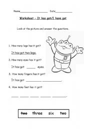 English Worksheet: It has got/I have got + body parts