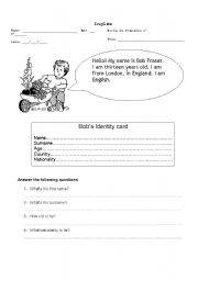 English Worksheet: Personal Identification; Verb to be