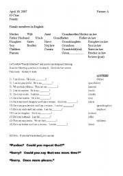 Family Vocabulary Pairwork Activity