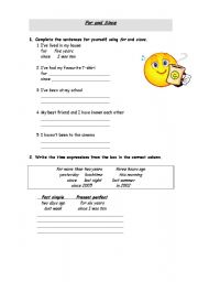 English Worksheet: for, since -Present Perfect
